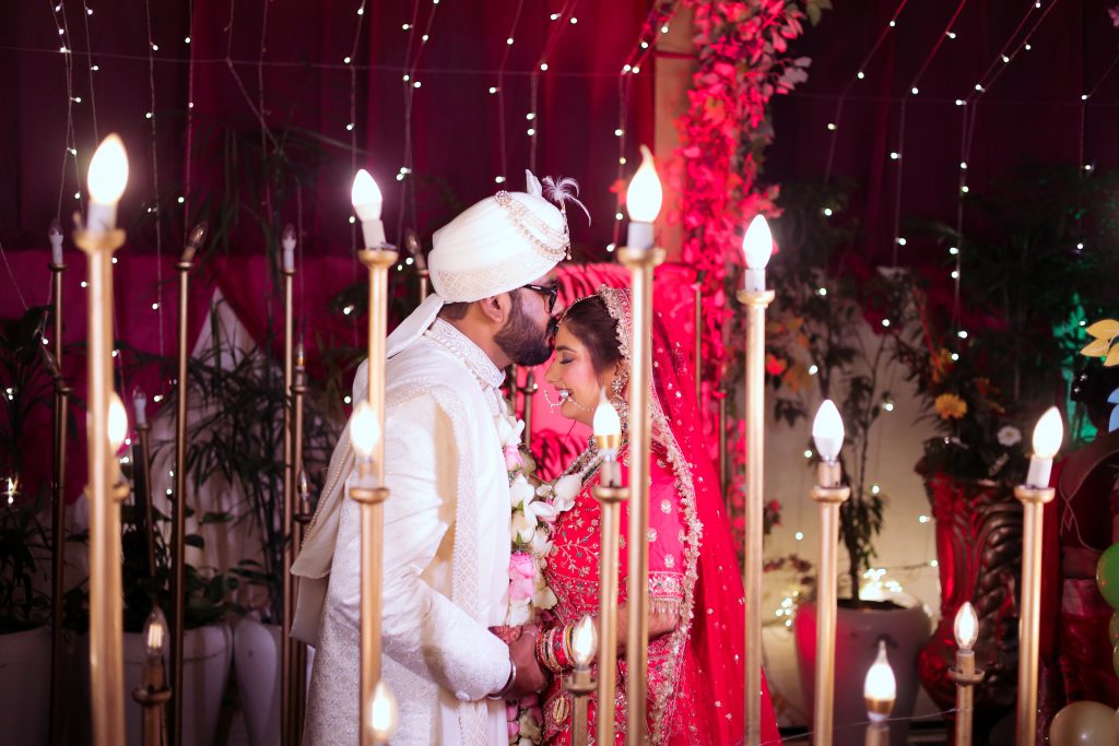 Romantic couple portrait clicked by Delhi NCR’s best wedding photographers during sunset.